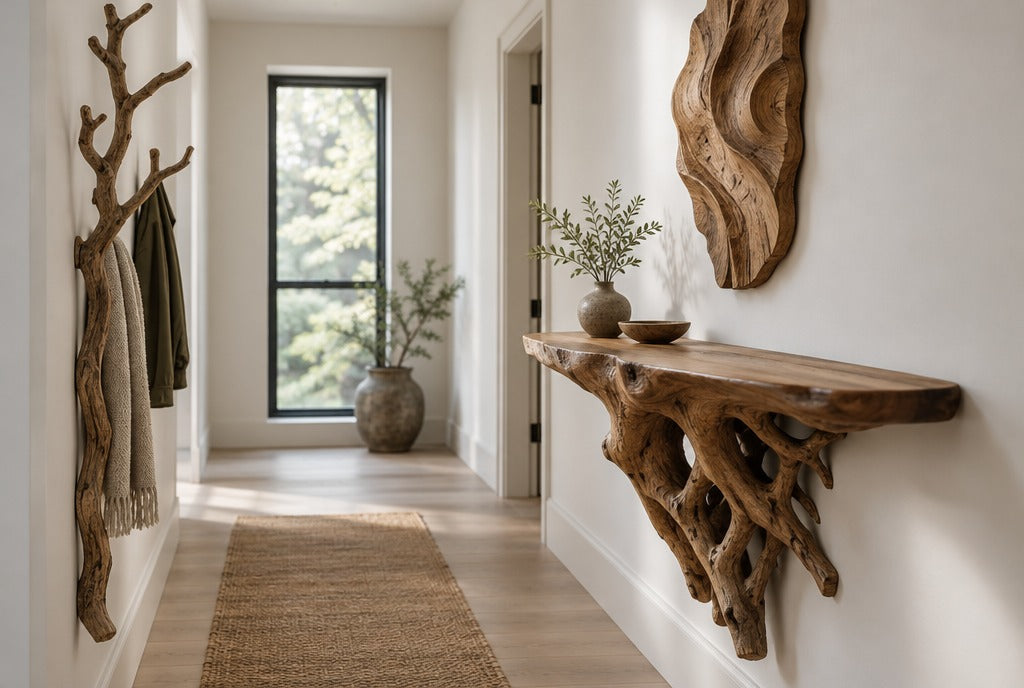 A narrow white entry hall with an organic wall-mounted wood console with a root-form base, a twisted tree branch coat rack and a carved wall sculpture