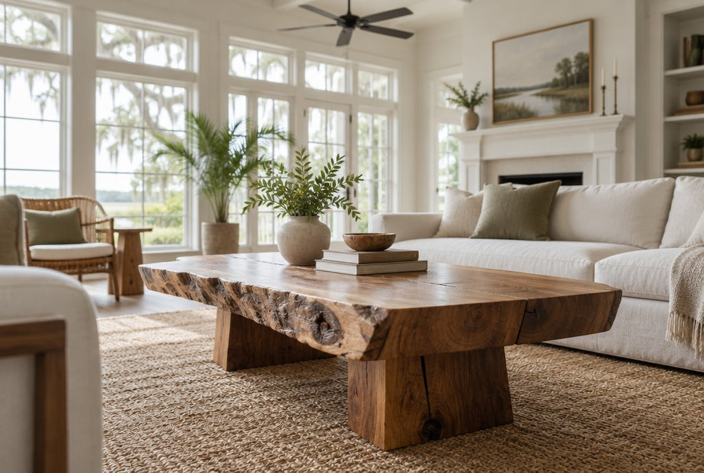 A thick live edge solid wood coffee table on a jute rug in a bright Louisiana living room with tall windows and ceiling fan