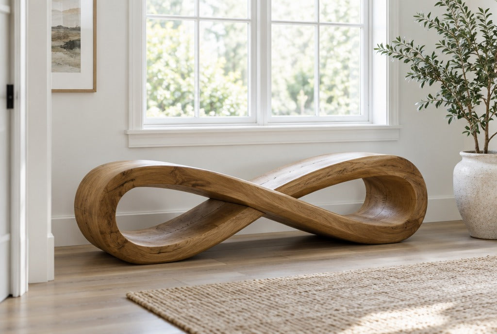 A carved infinity-loop solid wood bench in a bright white entry hall under a large window with a potted plant, gallery style
