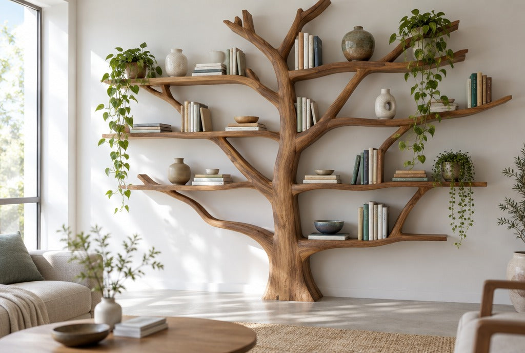 A large sculpted solid wood tree bookshelf spreading across a white living room wall, holding books, ceramics and trailing plants