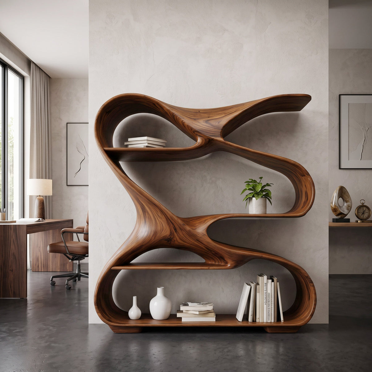 Modern Sculptural Wooden Bookshelf For Living Room Or Office Display