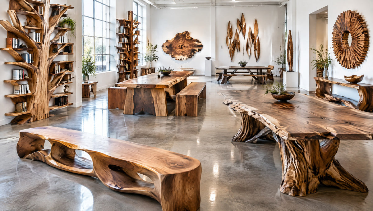 A bright showroom with newly built sculptural solid wood benches, tree bookshelves and live edge tables