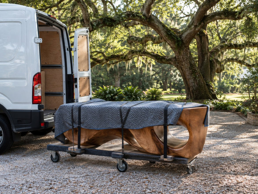 A blanket-wrapped sculptural wood bench on a dolly beside a delivery van under live oaks