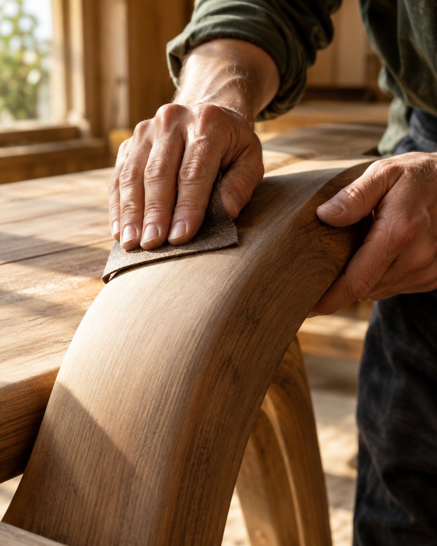 Hands sanding the curve of a carved solid wood bench
