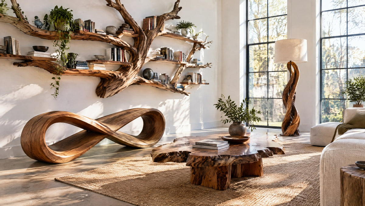 A gallery-like living room with a sculptural loop bench, a tree branch bookshelf and a live edge coffee table