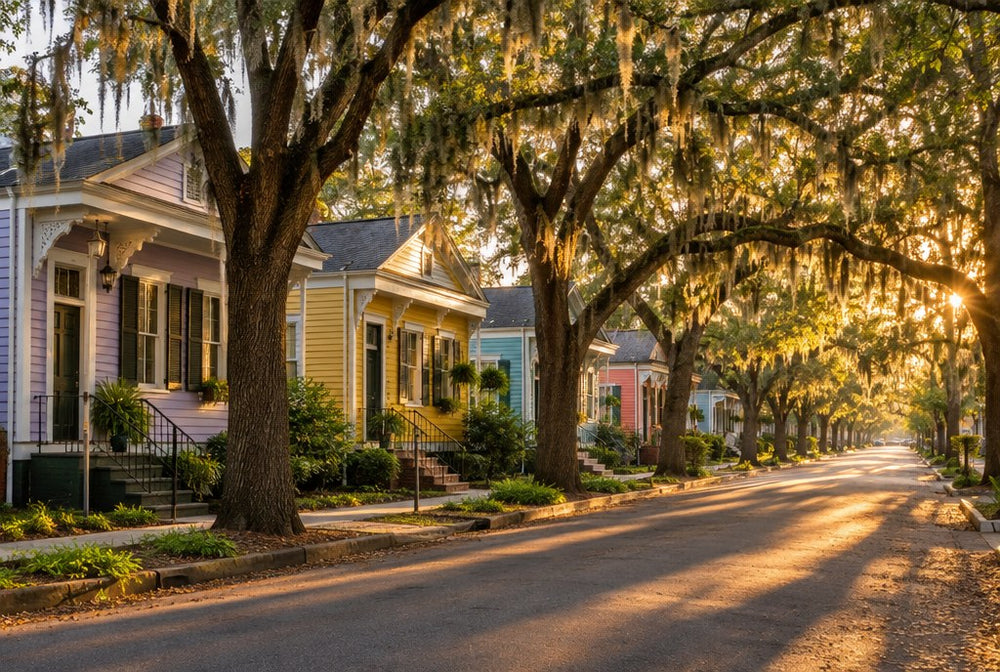 A tree-lined street of colorful shotgun houses with live oaks in Baton Rouge at golden hour